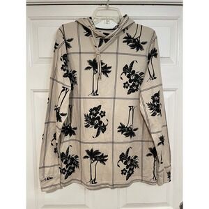 Denim & Flower Ricky Singh Mens M Tan Black‎ Hoodie Palm Tree Print Cotton NWOT